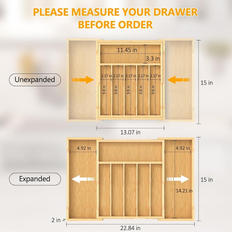 FoverOne Bamboo Kitchen Drawer Organizer, 13" to 23" Expandable Utensils Organizer and Cutlery Tray Holder, Drawer Divider for Silverware, Flatware - Image 3